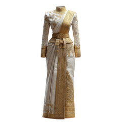 Formal white and gold gown on display, intricately embroidered with a high collar and belt