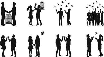 Bird and birdcage silhouette, freedom concept, people interaction, symbolic release, black figure art, emotional connection, flying bird, unity theme, gesture pose