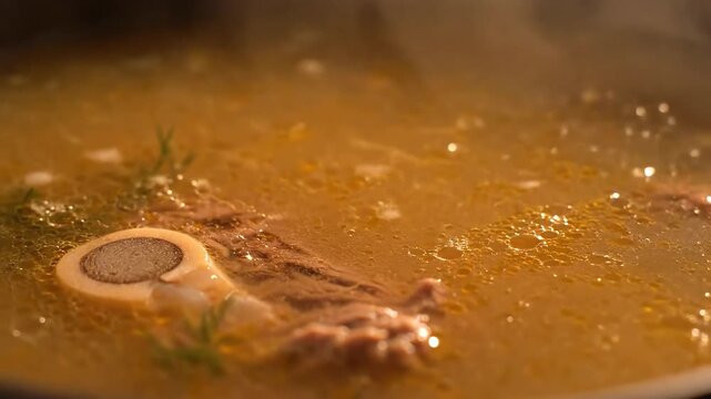Close up of simmering broth with bone and meat in a pot.