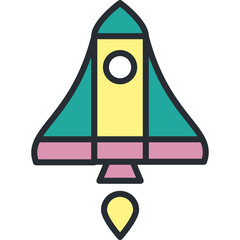 Cartoon Styled Rocket Ship With Yellow Pink and Teal Colors Ascending With A Small Yellow Flame Below On A Transparent Background