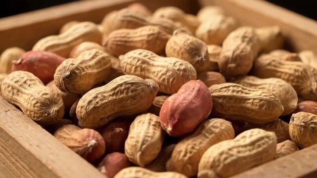 Closeup of a wooden box filled with fresh raw peanuts in their shells ready for roasting or snacking.