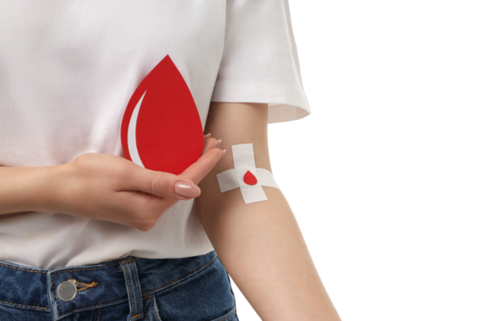 Hand holds blood drop symbol next to bandaged arm, isolated on white, PNG - Powered by Adobe