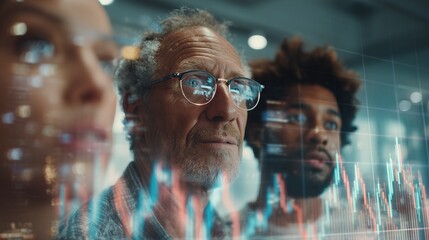 Diverse team analyzes stock market data displayed on a transparent screen, concept for investment strategy, financial analysis and technology innovation