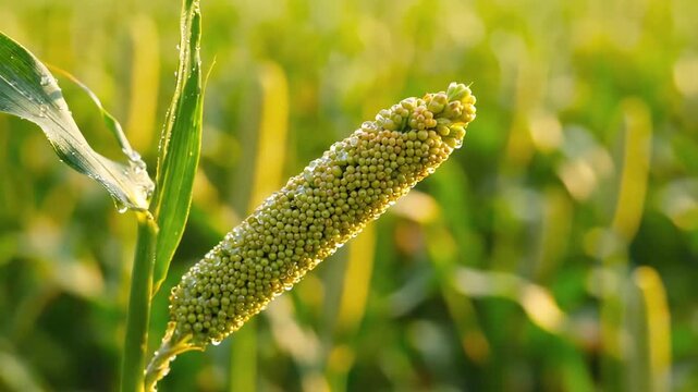 Closeup of a vibrant green millet plant head in a sunlit agricultural field showcasing healthy growth and natural beauty.