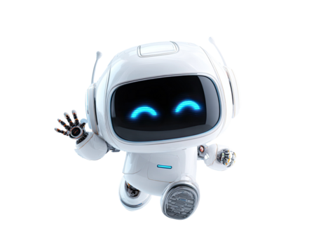 Cute white robot with blue glowing eyes and a waving hand, set against a black background