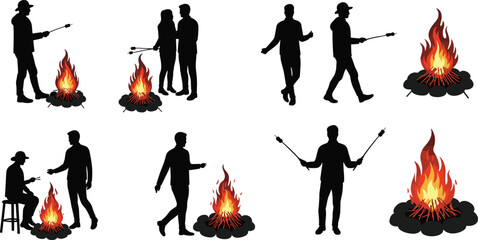 Campfire silhouettes, marshmallow roasting, outdoor activity, camping fun, group interaction, night gathering, stick holding, firelight, companionship, black figures, white background