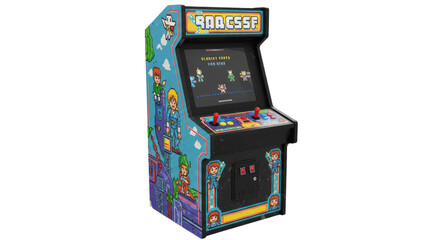 Classic arcade game machine with colorful pixel art and joystick controls, vintage gaming nostalgia, perfect for retro gaming themes