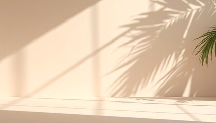 Minimalist interior with plant shadows on a beige wall, creating a serene atmosphere.