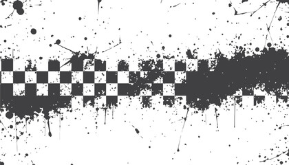  Monochrome composition featuring a diagonally shifted checkerboard overlayed with random paint splatters and distressed textures. This abstract background conveys chaos, energy
