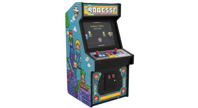 Classic arcade game machine with colorful pixel art and joystick controls, vintage gaming nostalgia, perfect for retro gaming themes