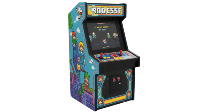 Classic arcade game machine with colorful pixel art and joystick controls, vintage gaming nostalgia, perfect for retro gaming themes - Powered by Adobe