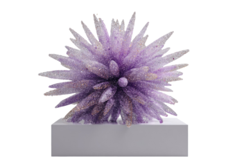 Sculptural artwork of spiky purple form with gold flecks on a white rectangular base