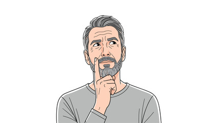 A thoughtful middleaged man with a beard and grey hair, , with his finger on his chin, looking up and to the side, contemplating an idea 
