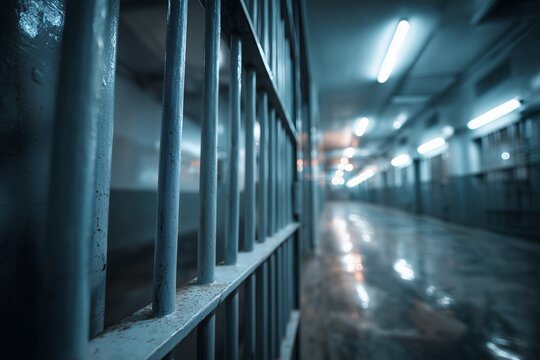 A view down a long prison hallway with metal bars in the foreground and cold, sterile lighting, concept for criminal justice reform, legal system commentary and correctional facility depiction