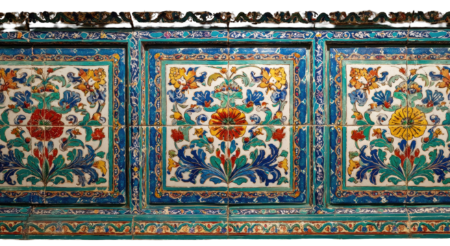 Ceramic tiled wall panels with floral designs and ornate borders in shades of blue