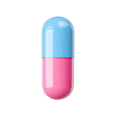 A two-tone, glossy capsule, blue top and pink bottom, floats against a black backdrop