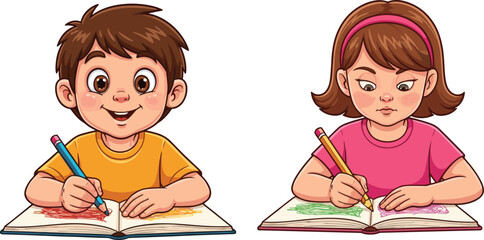 Cartoon children drawing, creative activity, colorful scribbles, yellow shirt, pink headband, pencil grip, open book, smiling boy, focused girl, education