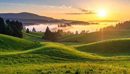 Fototapeta premium panorama of a beautiful, ecological farmland at sunrise. Waved, green field, forest and morning fog
