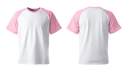 Front and back view of a white t-shirt with pink accents