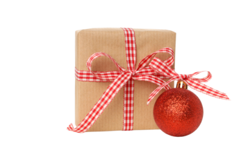Brown paper gift box with red ribbon, on white, PNG