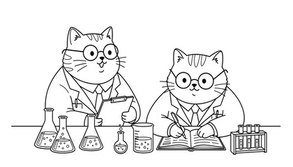 Two cute cartoon cats wearing lab coats and glasses, conducting a science experiment in a laboratory 