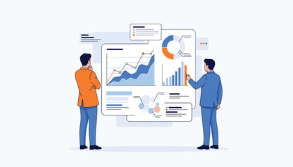 Two businessmen analyzing financial charts and graphs on a digital display, representing data analysis and business strategy