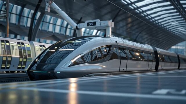 A futuristic high-speed maglev train in a sleek station, a scene of self-driving shuttle and automated parking system.