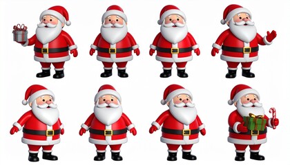 Cartoon Santa Claus Characters in Various Poses on White Background