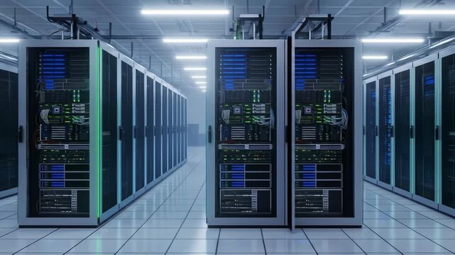 Rows of modern server racks with glowing blue and green lights, extending down a sterile, well-lit corridor