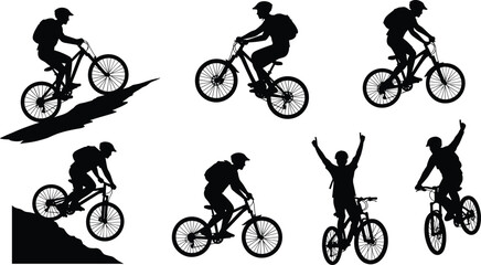 Fototapeta premium Cycling silhouette, mountain biking action, BMX stunts, rider with helmet, steep terrain, jump tricks, outdoor sport, black and white vector