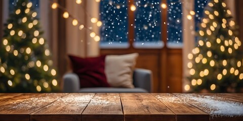 Empty woooden table top with abstract warm living room decor with christmas tree string light blur background with snow,Holiday backdrop,Mock up banner for display of advertise product. 
