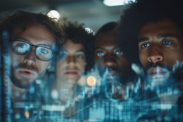 Diverse group of focused analysts scrutinizing complex financial data on a transparent display screen, concept for investment analysis, market research and business intelligence