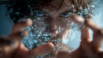 Intense gaze of a man with glowing blue eyes and digital interface overlayed on his face and hands, concept for augmented reality interfaces, futuristic data visualization and advanced technology