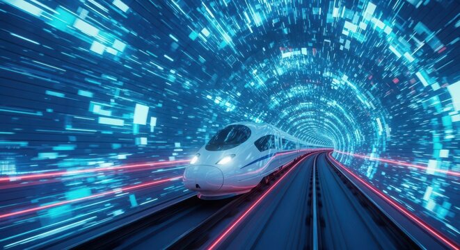 Futuristic hyperloop train speeds through a dazzling blue tunnel with streaks of light and energy