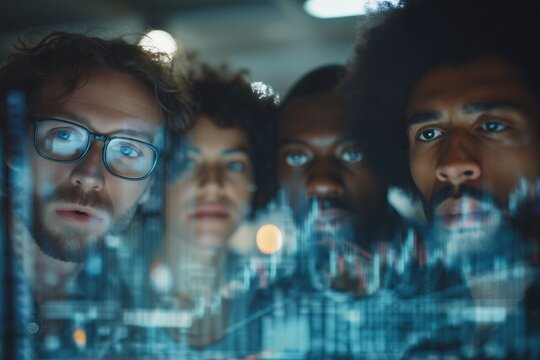 Diverse group of focused analysts scrutinizing complex financial data on a transparent display screen, concept for investment analysis, market research and business intelligence