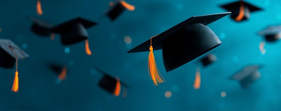 Floating graduation caps with orange tassels on a blue backdrop, concept for academic achievement, university success and graduation ceremony decoration - Powered by Adobe