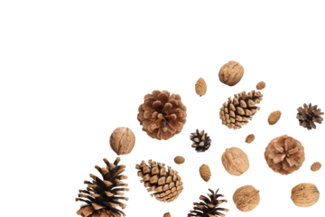 Pine cones and nuts for holiday crafts, on white, PNG