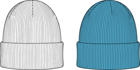 Beanie hat flat sketch, knit winter cap design, ribbed folded brim illustration, fashion accessory template, apparel vector, warm clothing style © Ashik Creatives