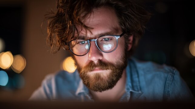 Close-up of focused bearded man in glasses working late at night with city lights bokeh background, concept for deadline project, remote work and online learning - Powered by Adobe