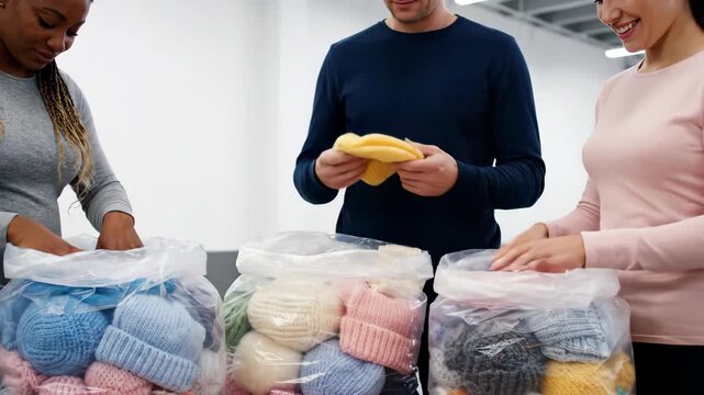A group of friends is sorting through piles of vibrant knitted hats and socks in a spacious, well-lit room. Their teamwork brings smiles as they prepare for a charity drive.