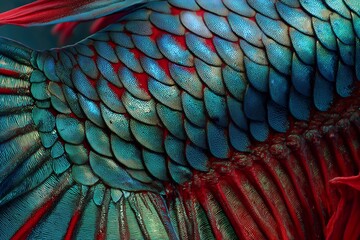 Obraz premium Detailed close-up of the vibrant scales of a Siamese fighting fish, showcasing iridescent blues, greens andreds. Concept for exotic pet care, aquatic life documentation andvibrant color palettes