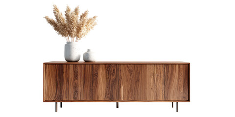 Light beige pampas grass in white vase on a dark wood sideboard