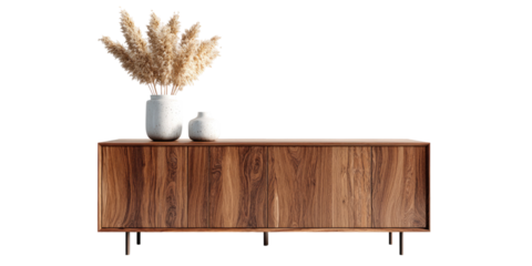 Light beige pampas grass in white vase on a dark wood sideboard