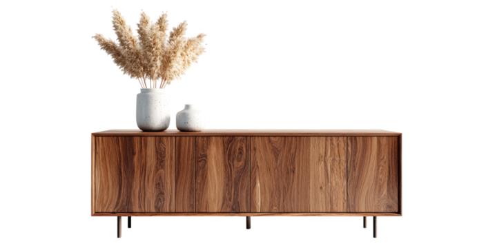 Light beige pampas grass in white vase on a dark wood sideboard