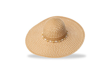 Brown straw hat with a wide brim and shells, isolated, PNG