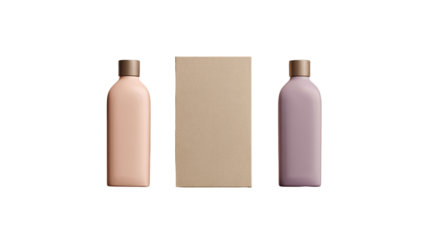 Two pastel-colored bottles, one peach, one lavender, beside a neutral box