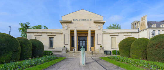 Reims, France - June 22, 2025: The Building of the Bibliothèque Carnegie (Carnegie Library) is a wonderful example of Art Noveau (New Art) Architecture