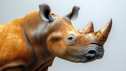 Fototapeta premium Close-up profile of a large rhinoceros, light brown skin, prominent horn.
