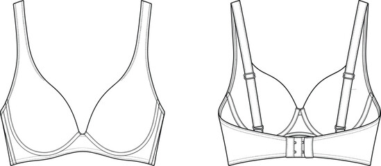 Bra flat sketch, lingerie technical drawing, underwire cup design, adjustable straps, hook and eye closure, intimate apparel template, women fashion clothing vector illustration