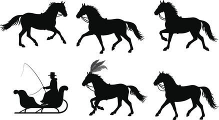 Horse silhouettes, sleigh rider, winter transport, festive animal, black figures, motion pose, traditional carriage, snow travel, reins, whip, white background